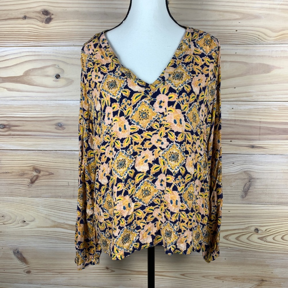 Hinge Blouse Women Large‎ Yellow Floral Smocked Back Long Sleeve Boho Top